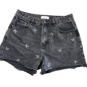 Black Embroidered Butterfly Cut off Jean SHORTS Size 11 Khaki+Blue